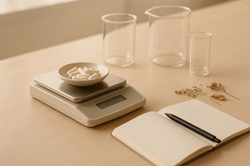 Formulation bench with a precision scale, capsules, glassware and dried botanicals
